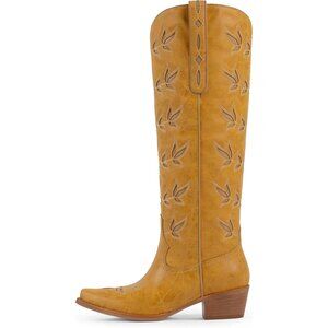 Women's Yellow Western Knee High Cowgirl Boots Pointed Toe Chunky Heel